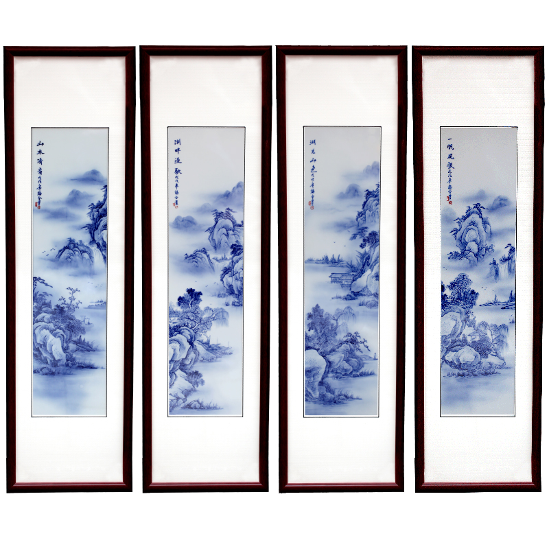 Jingdezhen ceramic blue and white porcelain plate painting landscapes painting hand - made four screen adornment home sitting room background wall hangs a picture