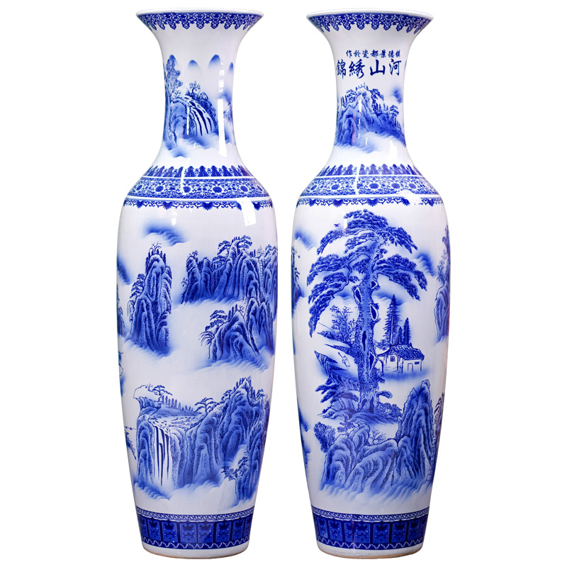 Jingdezhen blue and white porcelain was splendid landscapes of large vase household living room TV cabinet ceramic furnishing articles