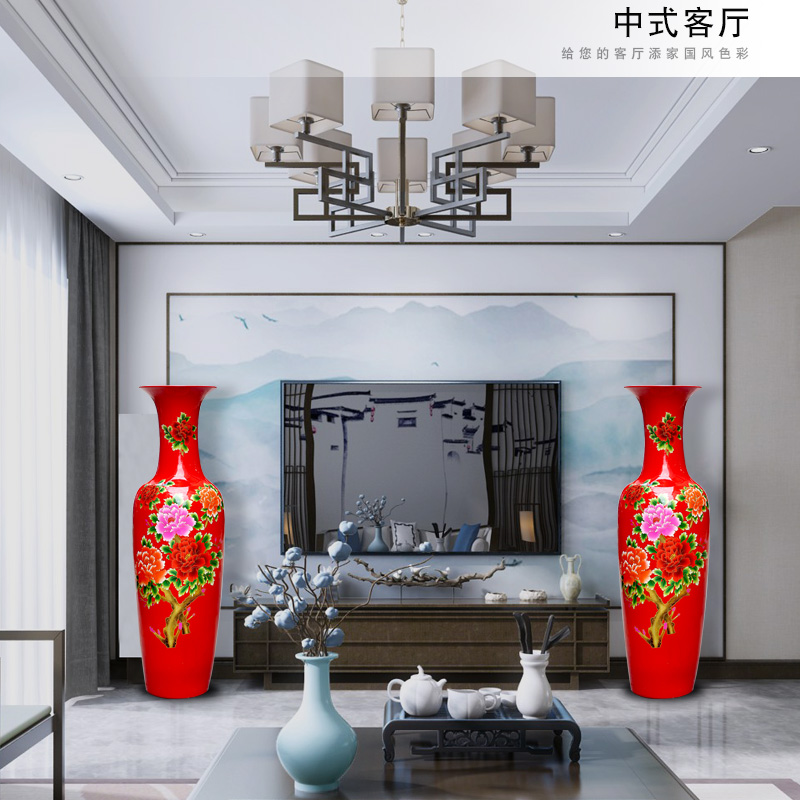 Jingdezhen ceramics China red flowers open the riches and honor peony figure of large vases, sitting room of Chinese style household furnishing articles