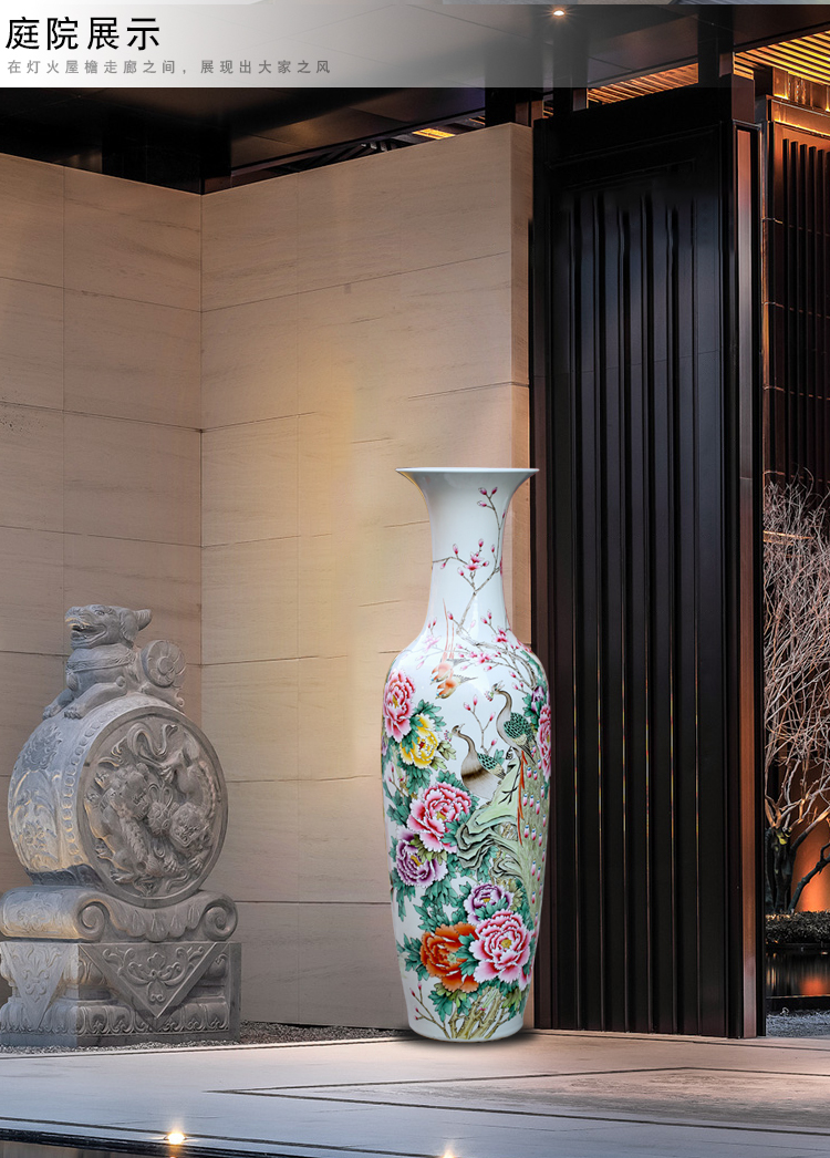 Jingdezhen ceramics hand - made pastel peacock peony of large vase household living room TV cabinet type furnishing articles