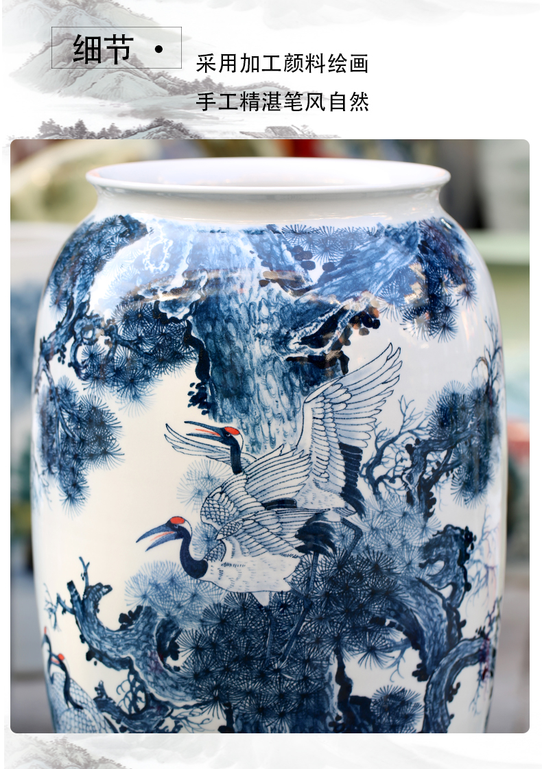 Jingdezhen ceramics hand - made large blue and white porcelain vase pine crane, live home sitting room adornment furnishing articles