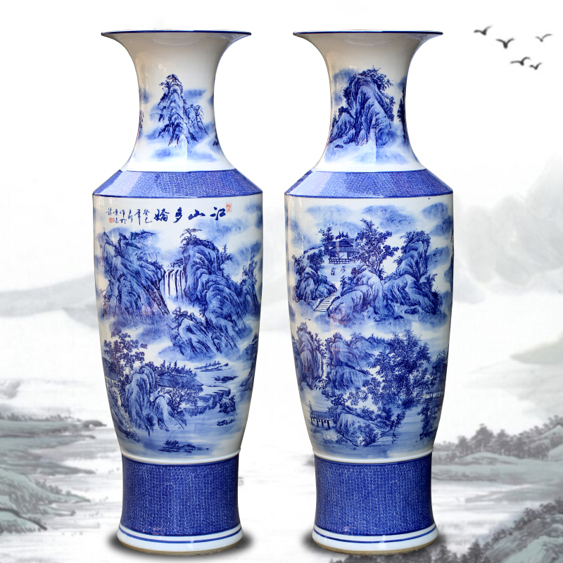 Jingdezhen ceramics large ground blue and white porcelain vase landscape furnishing articles of the new Chinese style hotel sitting room adornment flower arrangement
