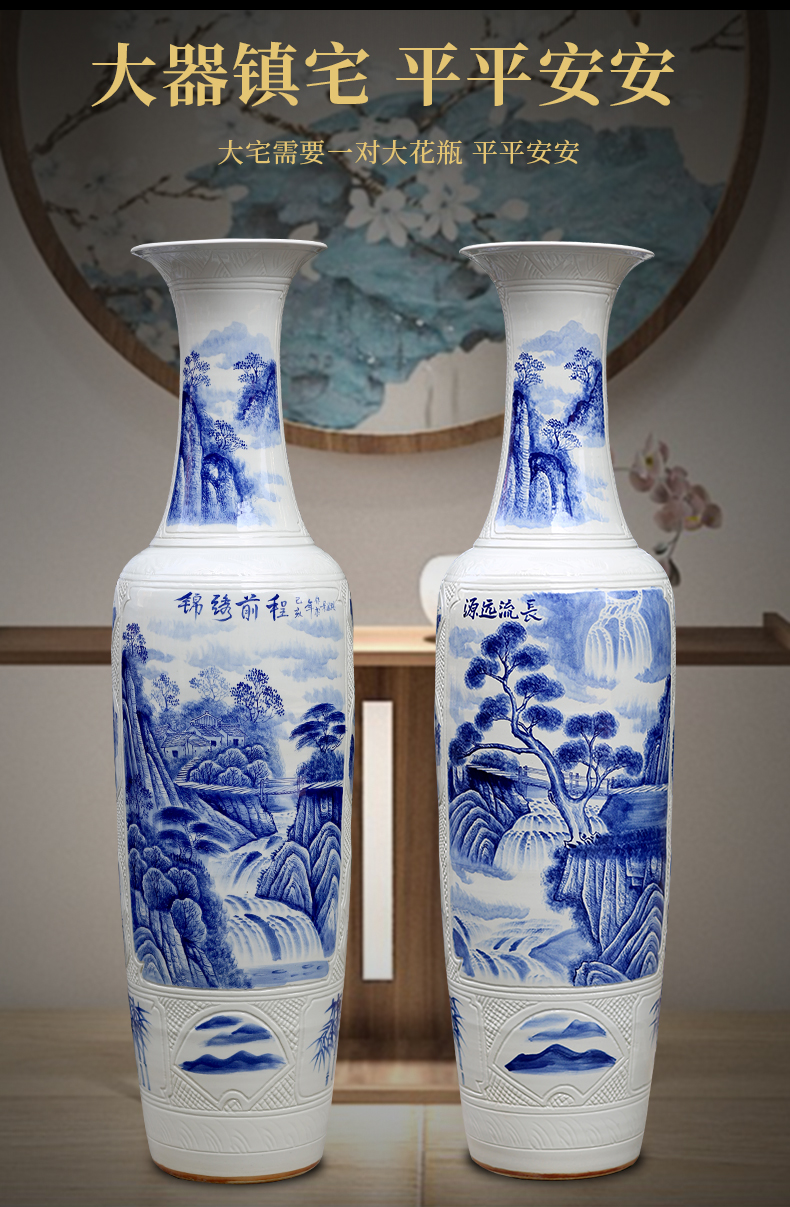 Jingdezhen landing big hand blue and white porcelain vase sitting room adornment porch hotel ceramics large furnishing articles