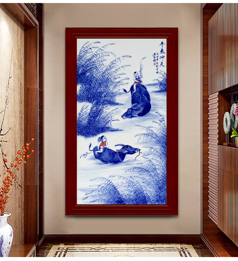 Jingdezhen ceramic hand - made cattle figure setting wall of blue and white porcelain sitting room adornment picture of modern Chinese style porch hang mural