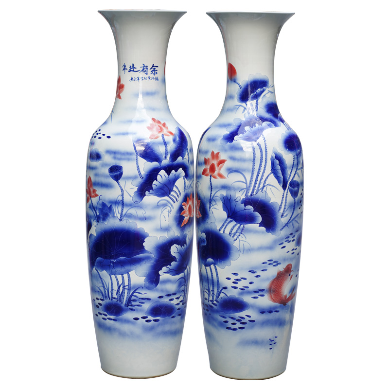 Jingdezhen blue and white porcelain painting ink lotus pond floor big ceramic vase sitting room of Chinese style household furnishing articles ornaments