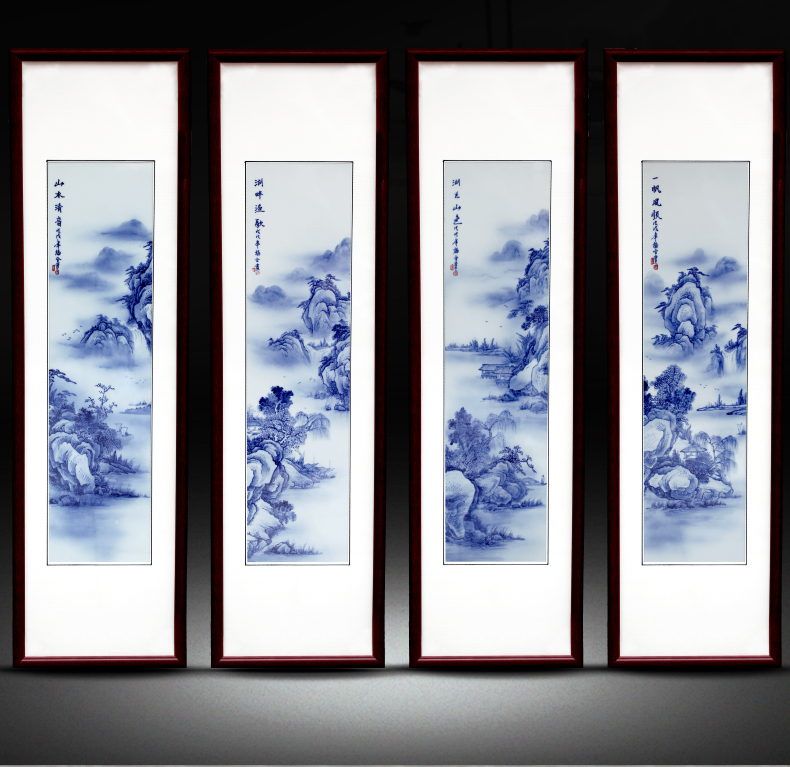 Jingdezhen ceramic blue and white porcelain plate painting landscapes painting hand - made four screen adornment home sitting room background wall hangs a picture