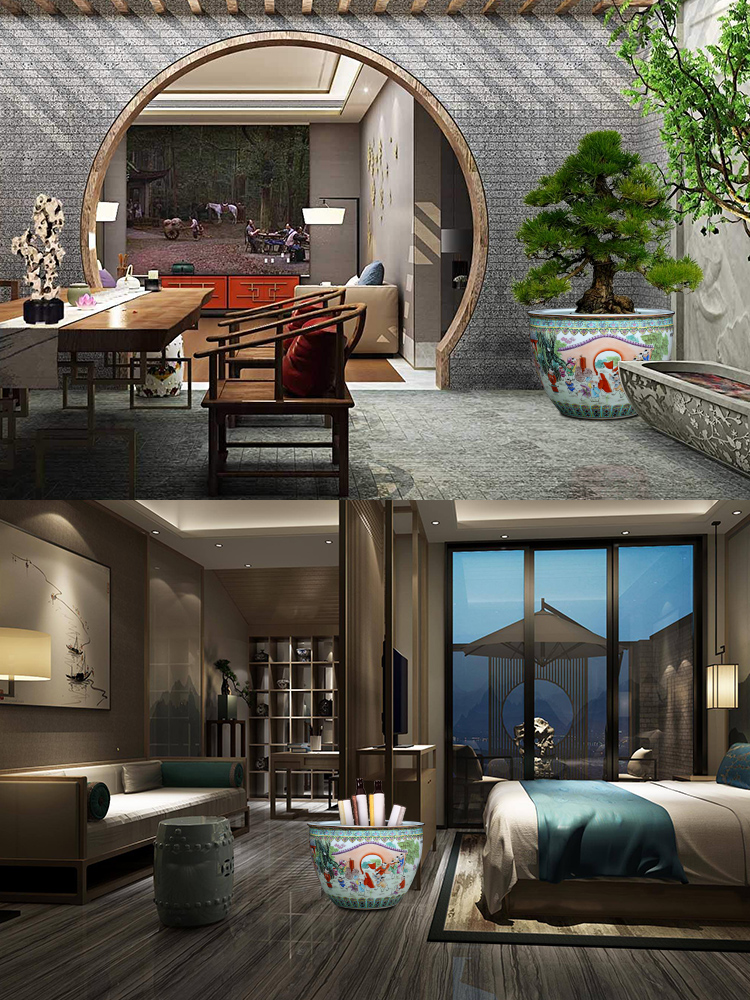 Jingdezhen ceramic powder enamel big goldfish turtle lotus lotus tank yard hotel large feng shui furnishing articles
