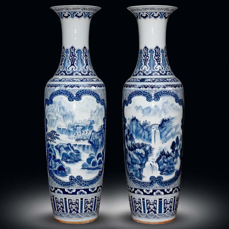 Large antique hand - made scenery of blue and white porcelain vase Chinese jingdezhen ceramics sitting room decorates porch crafts