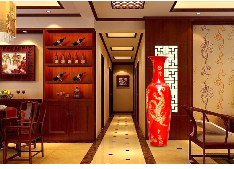 Jingdezhen Chinese red Jin Longfeng landing big vase sitting room the opened flower arranging hotel wedding ceramics furnishing articles