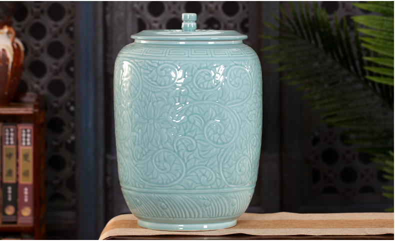 Jingdezhen ceramic film single glaze green storage tank kimchi cylinder barrel kitchen receive product manual art furnishing articles