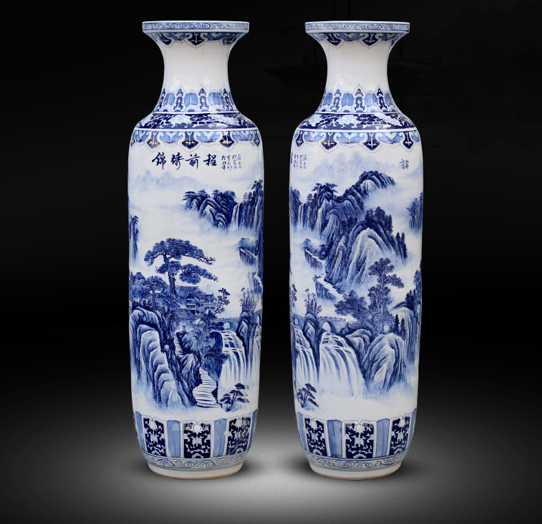 Blue and white porcelain of jingdezhen ceramics hand - made landscape painting of large vases, sitting room adornment hotel furnishing articles