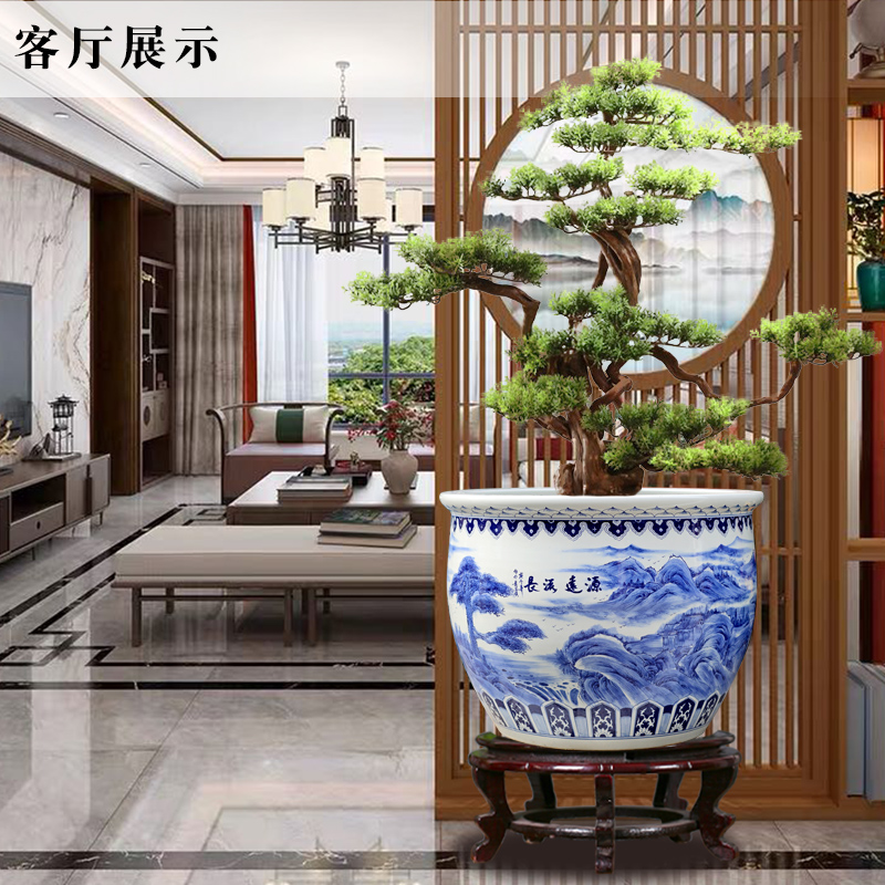 Jingdezhen blue and white porcelain basin of hand - made of long - standing ceramic tank cylinder tortoise mountain true water lily receive calligraphy and painting