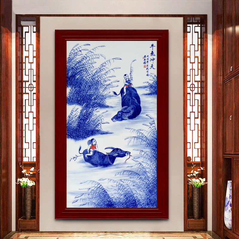 Jingdezhen ceramic hand - made cattle figure setting wall of blue and white porcelain sitting room adornment picture of modern Chinese style porch hang mural
