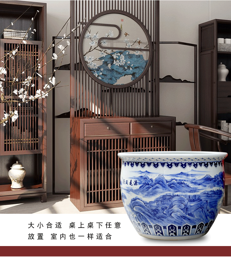 Jingdezhen blue and white porcelain basin of hand - made of long - standing ceramic tank cylinder tortoise mountain true water lily receive calligraphy and painting