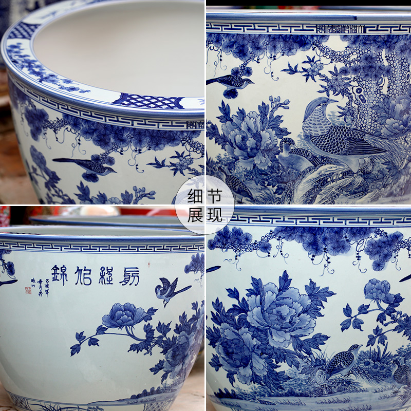 Jingdezhen blue and white porcelain floor furnishing articles hand - made of golden pheasant peony ceramic aquarium home sitting room adornment study