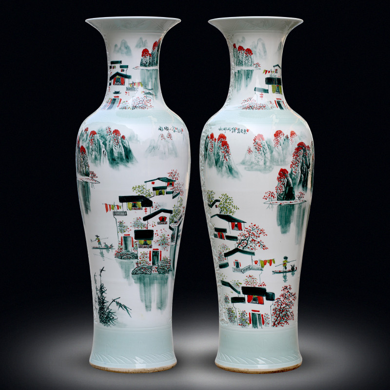 Jingdezhen Living-room Floor Large Vase Handpainted Landscape Decoration Large Ceramic Ware Book House Hotel Doorway Hem