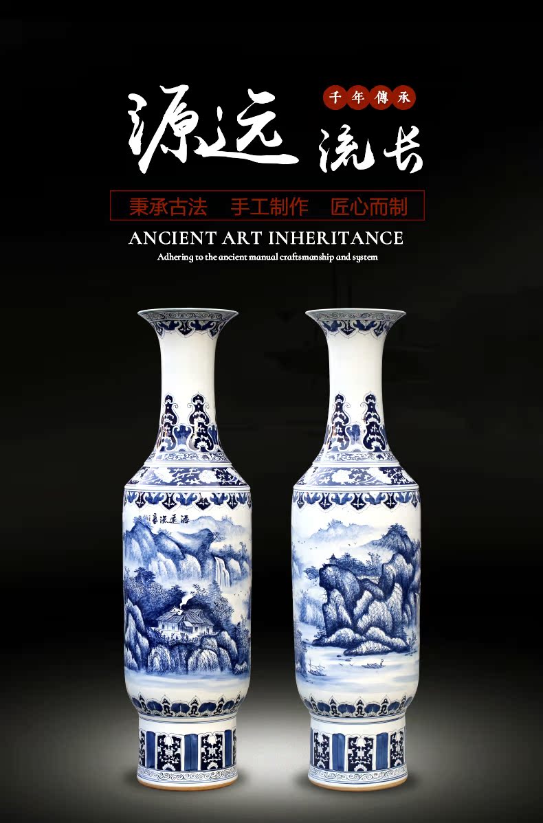 Blue and white porcelain of jingdezhen ceramics landscape painting big vase decoration to the hotel open living room floor office furnishing articles