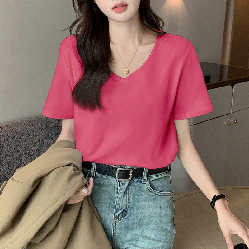 Rose Pink Cotton T-Shirt for Women, Short-Sleeved, Thin, 2026 Summer New Style, Loose V-Neck, Age-Reducing Half-Sleeve Top