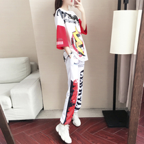 Hip-hop sports leisure suit womens fashion brand fashion 2020 new summer loose graffiti short-sleeved two-piece summer