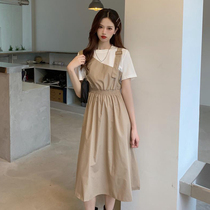 Fake two-piece strap long dress girl summer dress 2021 new middle and high school students age reduction waist dress