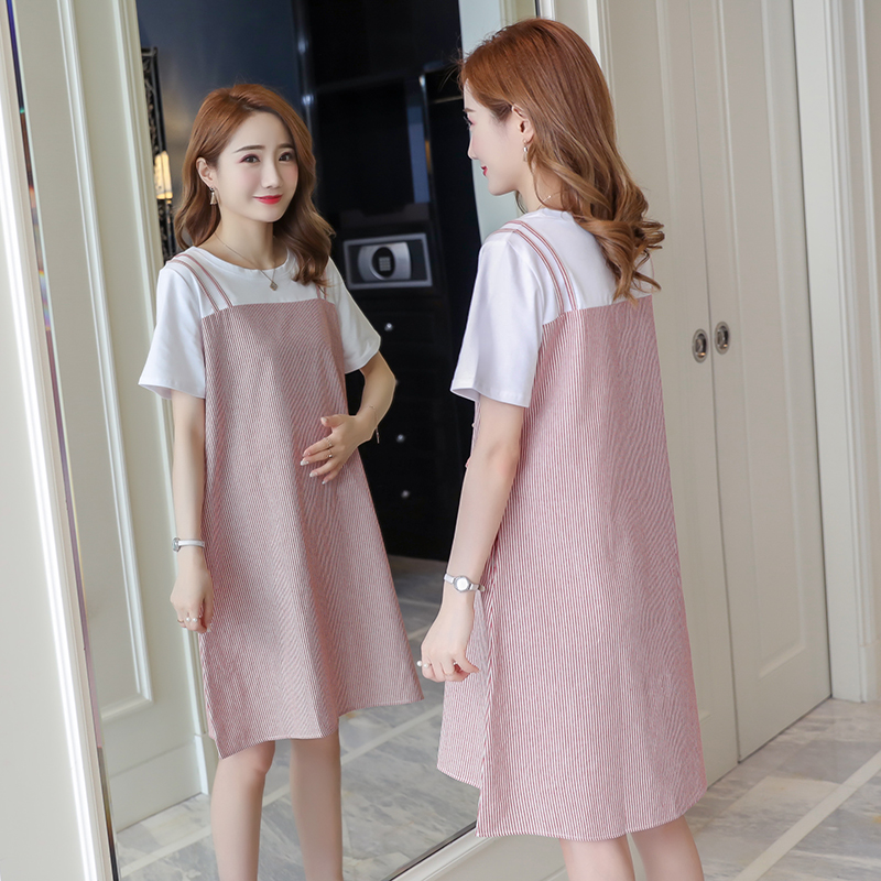 Pregnant Woman Summer Clothing Short Sleeves Ocean Dress 2022 Summer Loose Fake two blouses Long version Fashion pregnant woman Skirt Summer