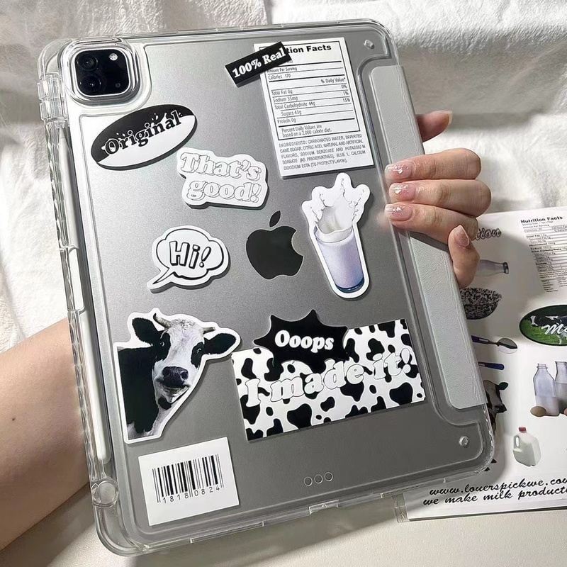 High-End Crystal Feel iPad Pro Protective Case A16 Suitable for Apple Air5 Anti-Bending 10.9/12.9 Hard Ipad11 Magnetic Suction 10.2inch Tri-Fold 10.5 Trendy Mini7 Cow Print Sticker 13