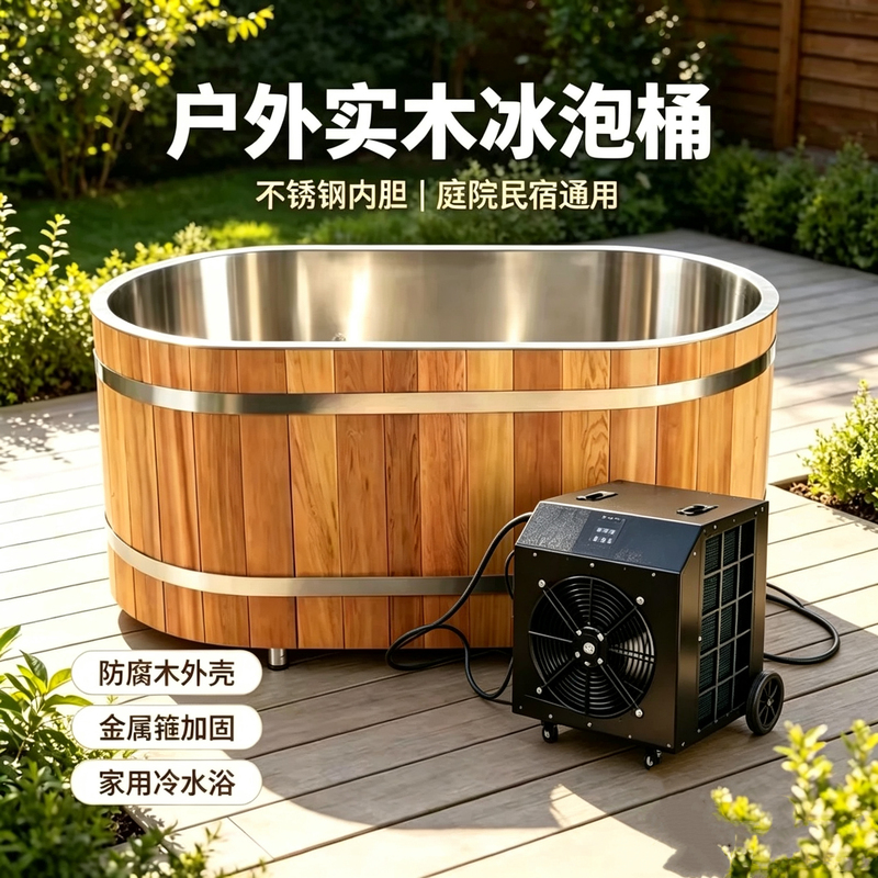 Outdoor Solid Wood Ice Bath Tub for Home Use, Garden Soaking Bathtub with Stainless Steel Liner, Cold Water Bath Soaking Tub for Garden
