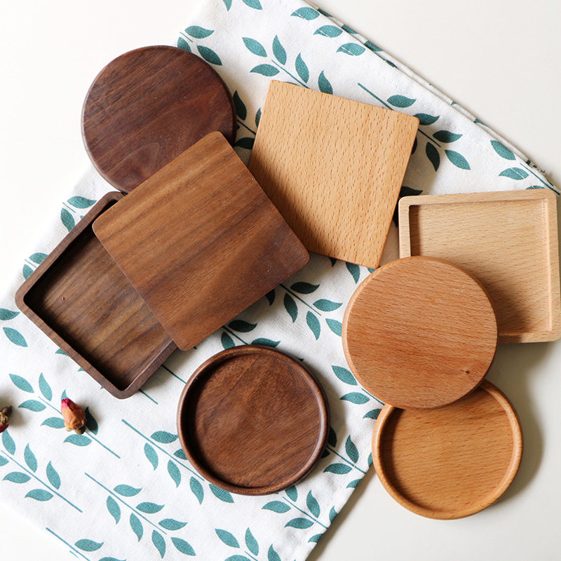 Custom Beech Coasters Wooden Covers Square Round Wooden Coffee Coasters Placemats Insulation Pads Bamboo Tea Coasters