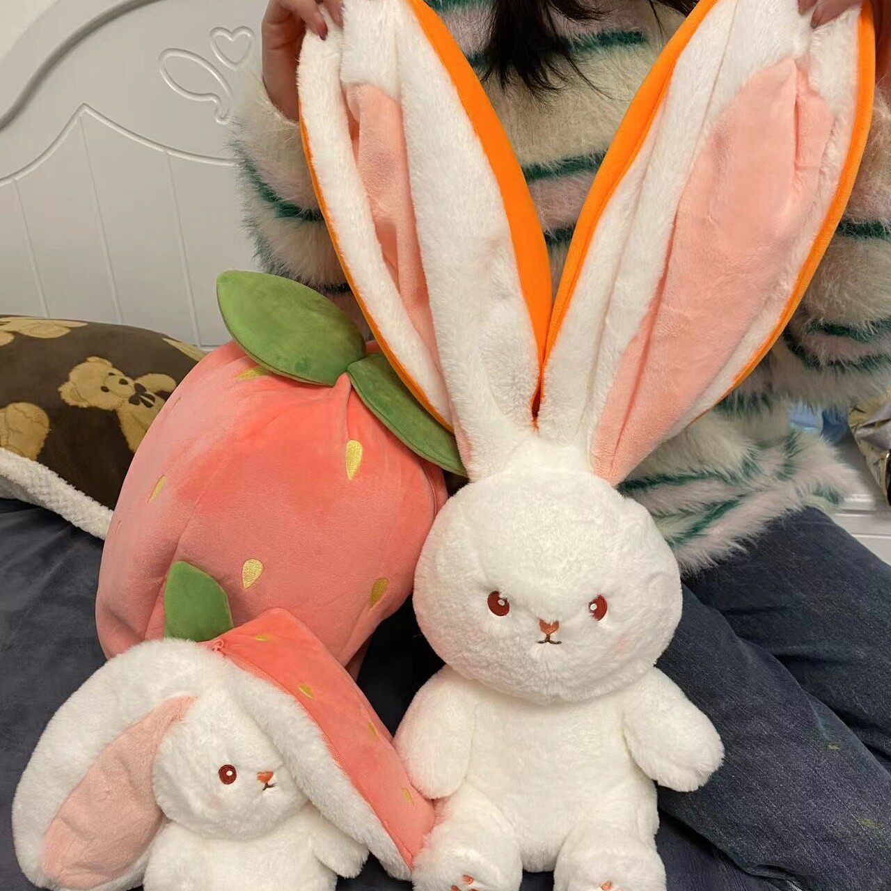 00 and cat cute transfiguration rabbit doll plush toy rabbit doll rag doll creative doll universal strawberry rabbit