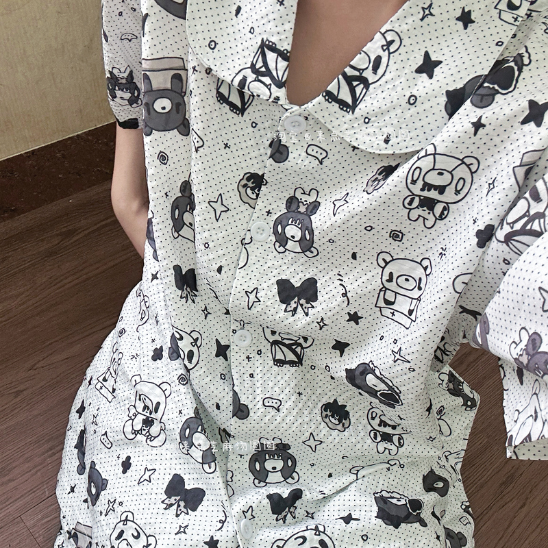 Let's Get Some Sesame Tangyuan* Black and White Violent Bear Pure Cotton Crepe Summer Short-Sleeved Pajama Set Loungewear