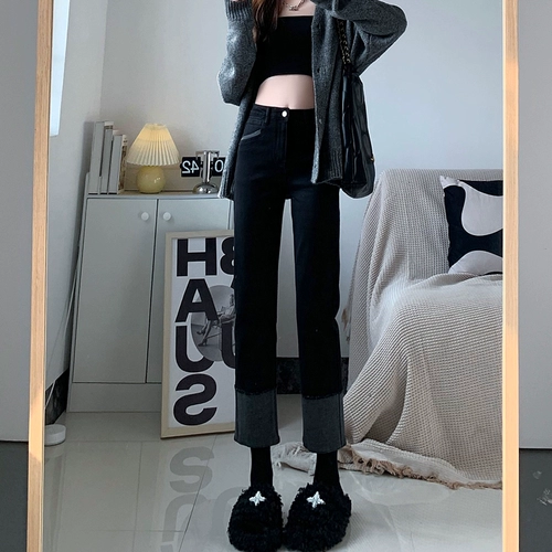 Джинсы, осенние штаны, флисовые леггинсы, коллекция 2023, по фигуре, высокая талия, свободный прямой крой