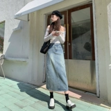 Джинсовая юбка, длинная юбка, высокая талия, средней длины, в корейском стиле, с акцентом на бедрах
