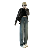 Джинсы, ретро сверхдлинные штаны, высокая талия, свободный прямой крой, осенние