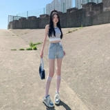 Джинсовая юбка, шорты, дизайнерские штаны, высокая талия, тренд сезона, свободный прямой крой, А-силуэт