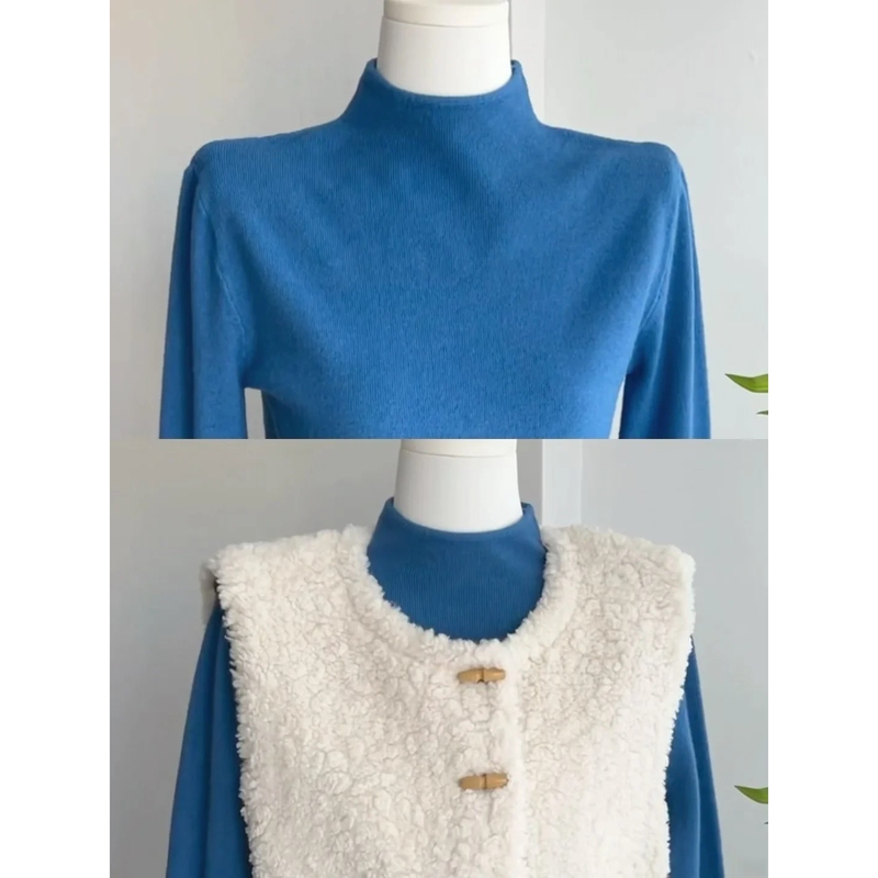 Blue High-End Base Shirt, Soft and Versatile Top for Women, Autumn and Winter Minimalist Half-Turtleneck Basic Knit Sweater Blue High-End Base Shirt, Soft and Versatile Top for Women, Autumn and Winter Minimalist Half-Turtleneck Basic Knit Sweater