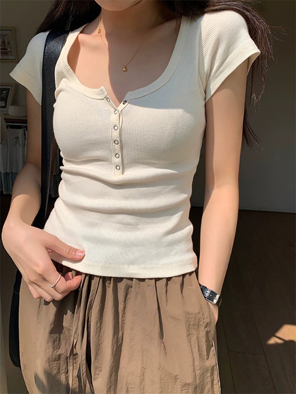 Designed Button-Up Half-Open Collar Short T-Shirt for Women, Summer Top, Tight-Fitting Low-Neck Collarbone-Baring Slimming Short-Sleeve Top