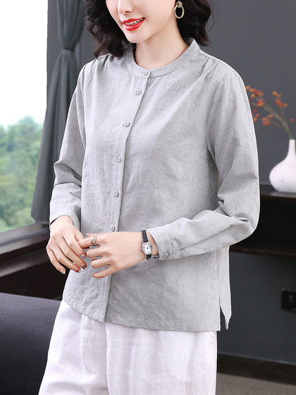 珂佐芙春季新款长袖提花立领衬衫百搭高端气质衬衣女洋气减龄上衣