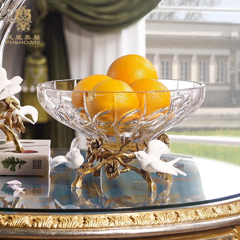 Phoenix Mercure European transparent crystal glass round exposure hand-carved white ceramic bird fruit dish decoration
