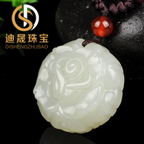 Xinjiang Hetian Jade rose flower pendant Jade Jade white jade pendant necklace with certificate flower bloom rich lady