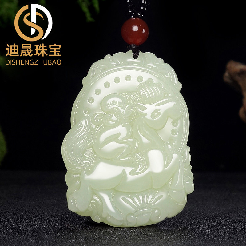 Xinjiang Hetian Jade Immediately Fenghou Baixiang Yupei Zodiac Monkey Riding Horse Jade Stoneware White Jade Pendant Pendant Necklace