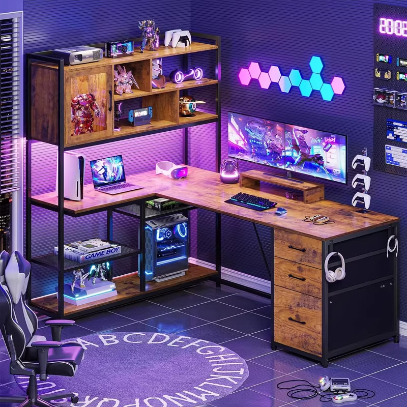 Solid Wood and Iron Art Led Color-Changing Light Strip Gaming Corner Table L-Shaped with Bookshelf and Storage Rack Corner Gaming Work Desk