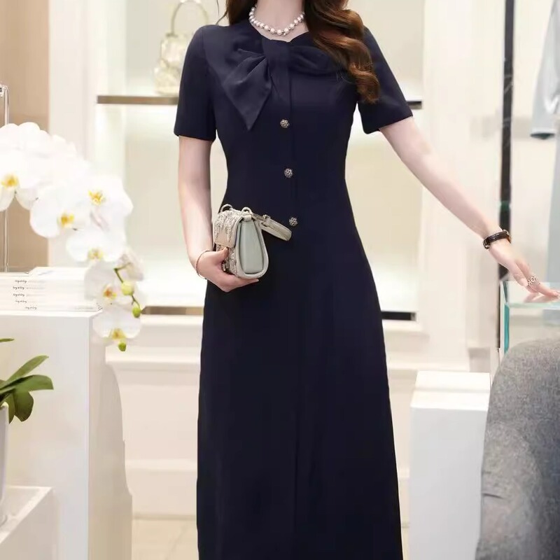 2025 Summer New Style Three-Dimensional Butterfly Bow Tie Navy Blue Elegant Slim Dress Lyq0298
