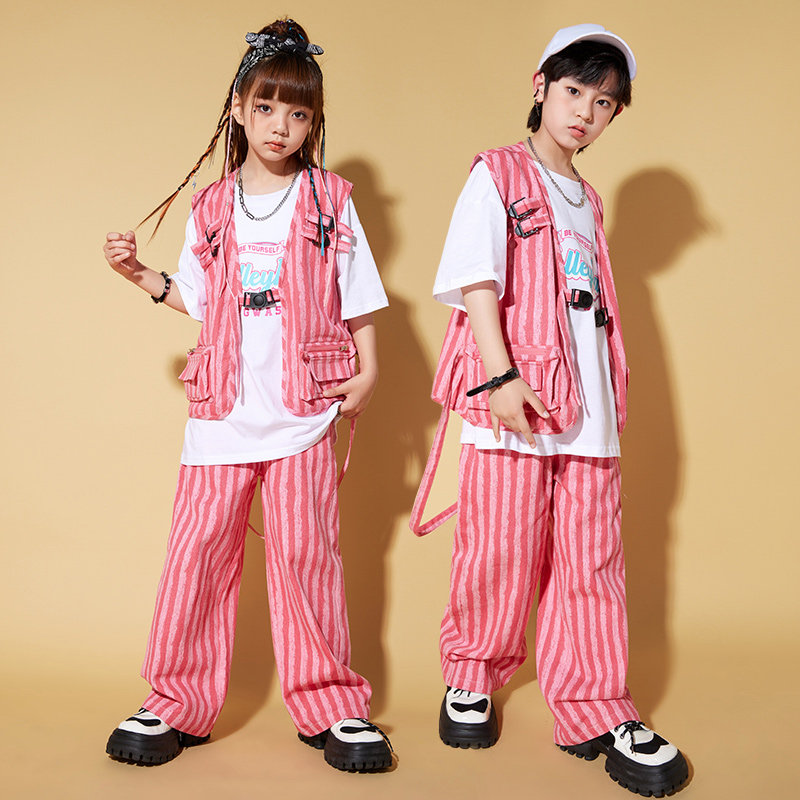 Boy Street dance suit hip hop cool handsome striped Machia T-shirt less pediaop Fried Street Tide Clothing Girl Tide summer-Taobao