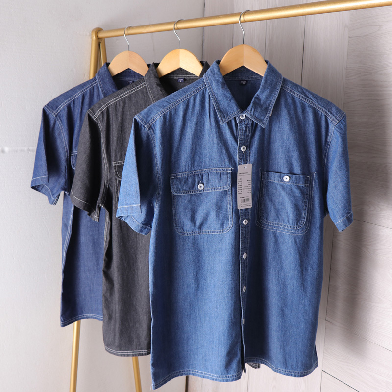 Odm Company Product! Enzyme Washed! Export Men's Summer Multi-Pocket Workwear Casual Denim Short-Sleeve Shirt