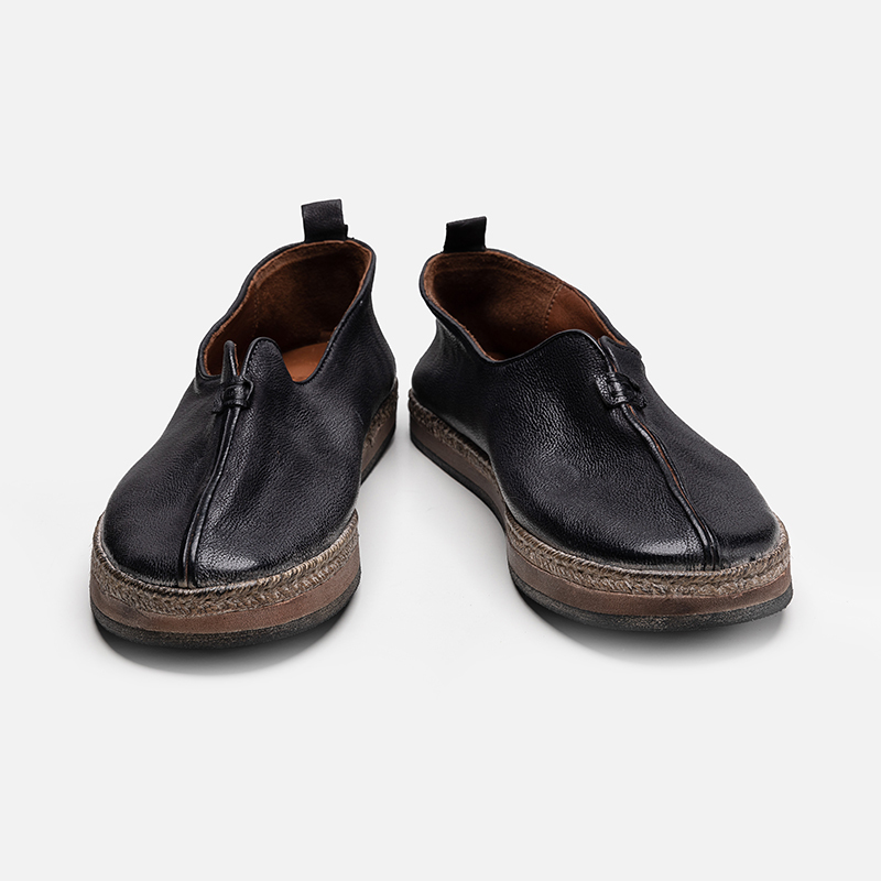 Zhou Ying's New Chinese-Style Shallow Flat-Soled Thick-Soled Full Leather Stitched National Trend Slip-On Men's Casual Shoes Monk Shoes
