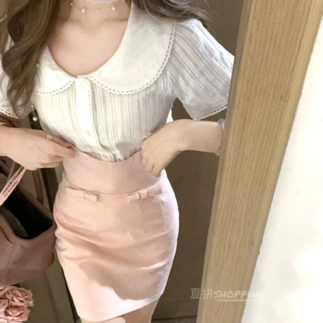 French sweet doll collar top high waisted hip skirt