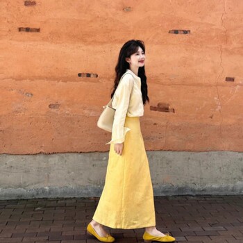 2025 Summer Suit for Women, French Style High-End Elegant Long-Sleeved Shirt, Yellow Lace-Up One-Piece High-Waisted Skirt