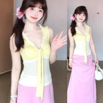 Korean-Style Sweet Outfit Set for Women with High-End Design, Featuring a V-Neck Halter Top with Ribbons and a High-Waisted Slimming Skirt