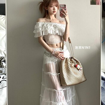 Purely Sexy Hot Girl Outfit for Women, Vacation Style One-Shoulder White Top, High-Waisted Slimming Bowknot Super Fairy Skirt