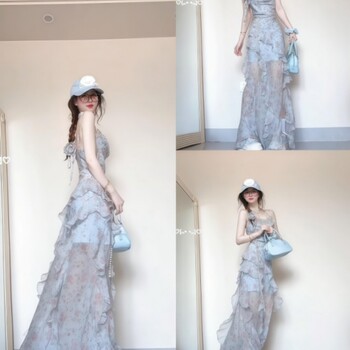 Summer Vacation Style Sweet Floral Suspender Dress for Women with Ruffled Semi-Transparent Chiffon Waist Long Skirt
